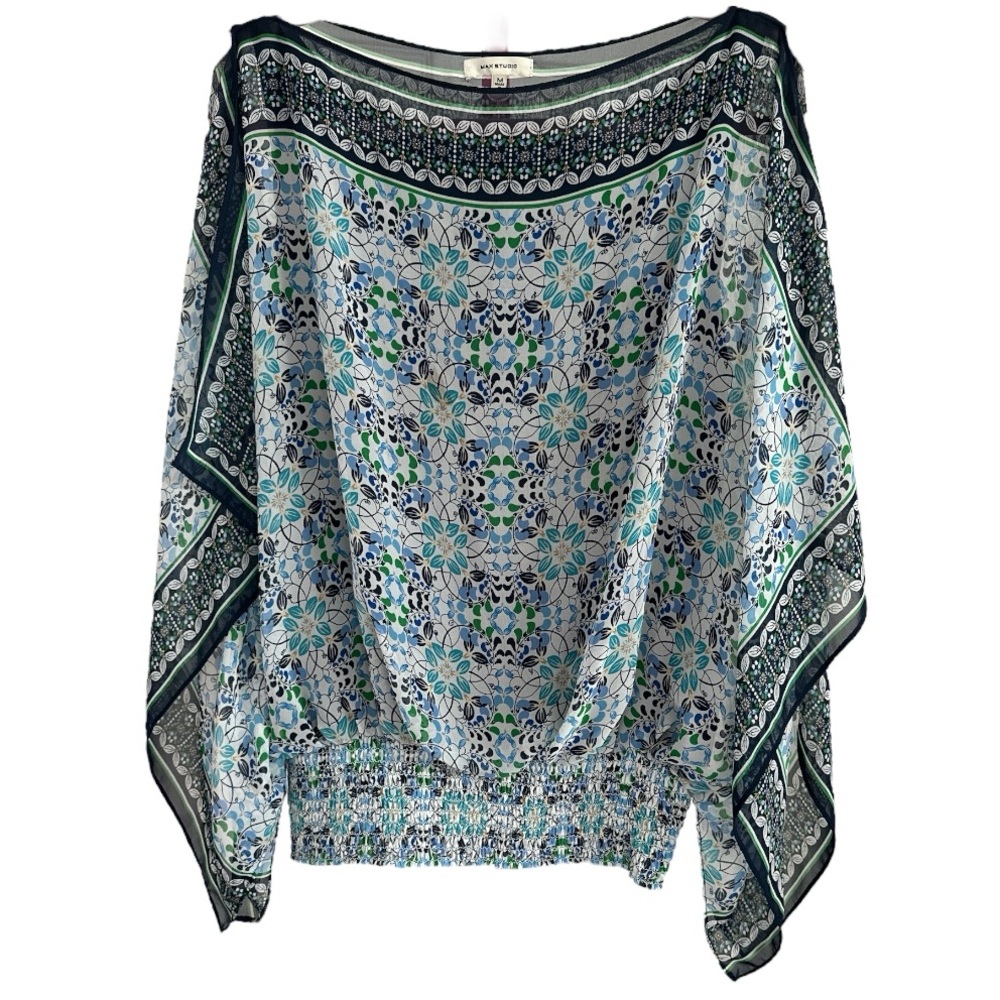 Max Studio Blue Green Geometric Print Slit Side Draped Sleeveless